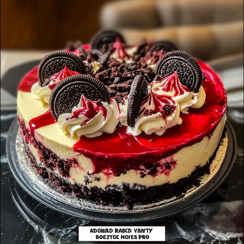 Decadent Red Velvet Oreo Cheesecake with Cream Cheese Frosting Swirls - main view